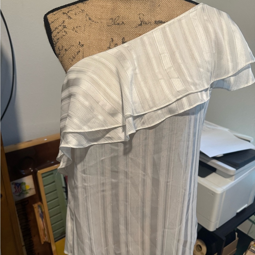 Womens White Ruffled Striped Sleeveless Asymetrical Neckline Blouse Top